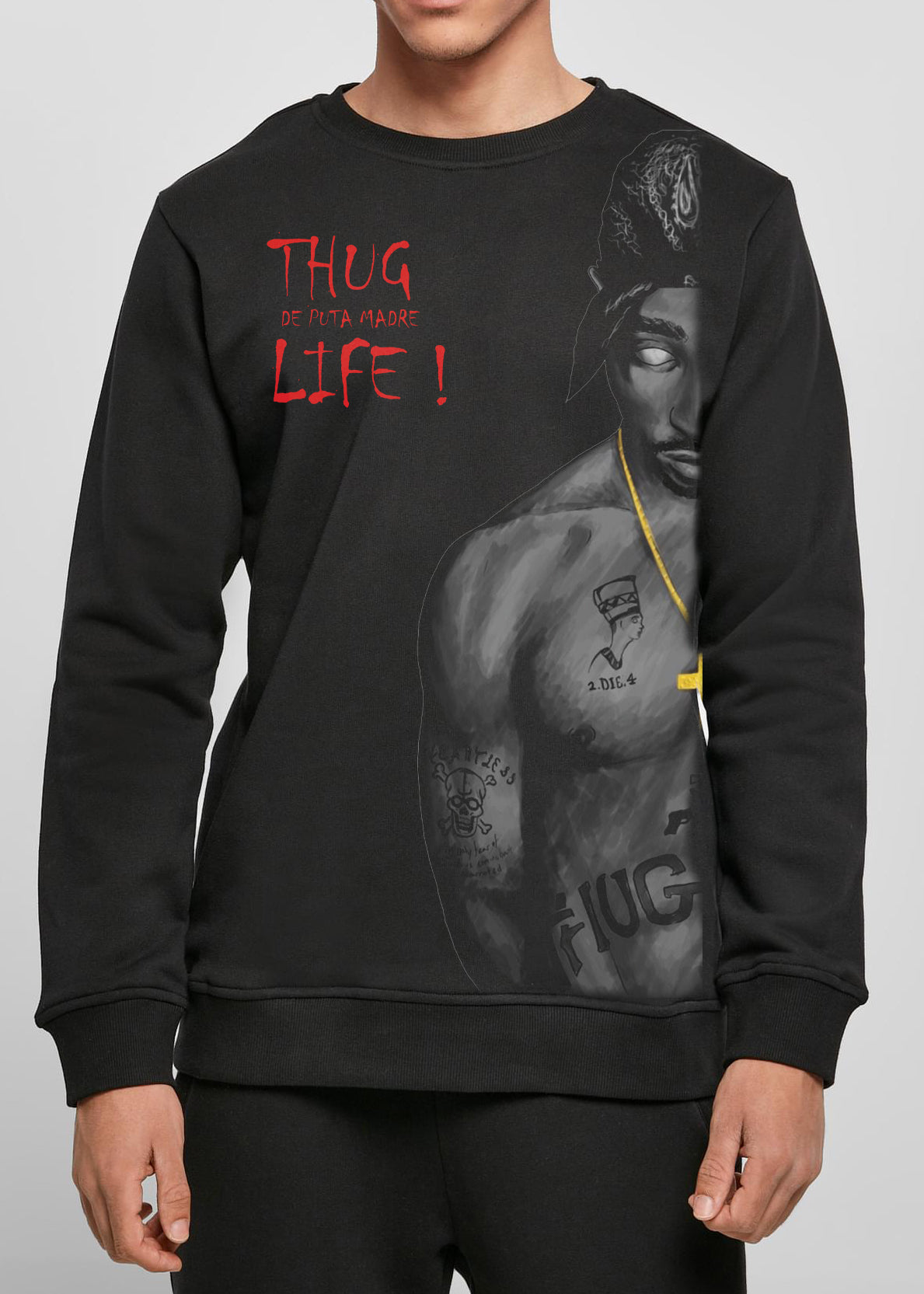 Men's sweatshirt featuring 2Pac Thug Life design, made from high-quality cotton, showcasing a stylish and comfortable fit.